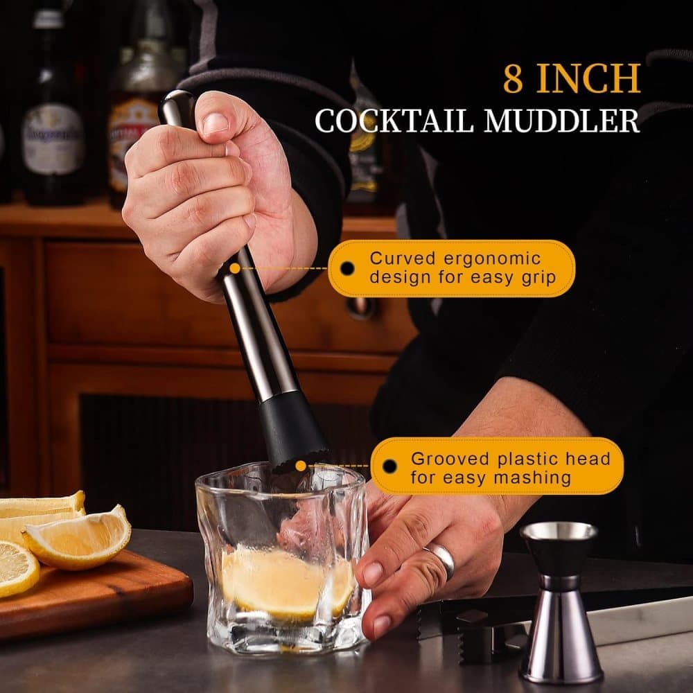 12-Piece Stainless Steel Cocktail Set with Bamboo Stand, Black, for Bar and Home Use, Perfect Gift - Image 5
