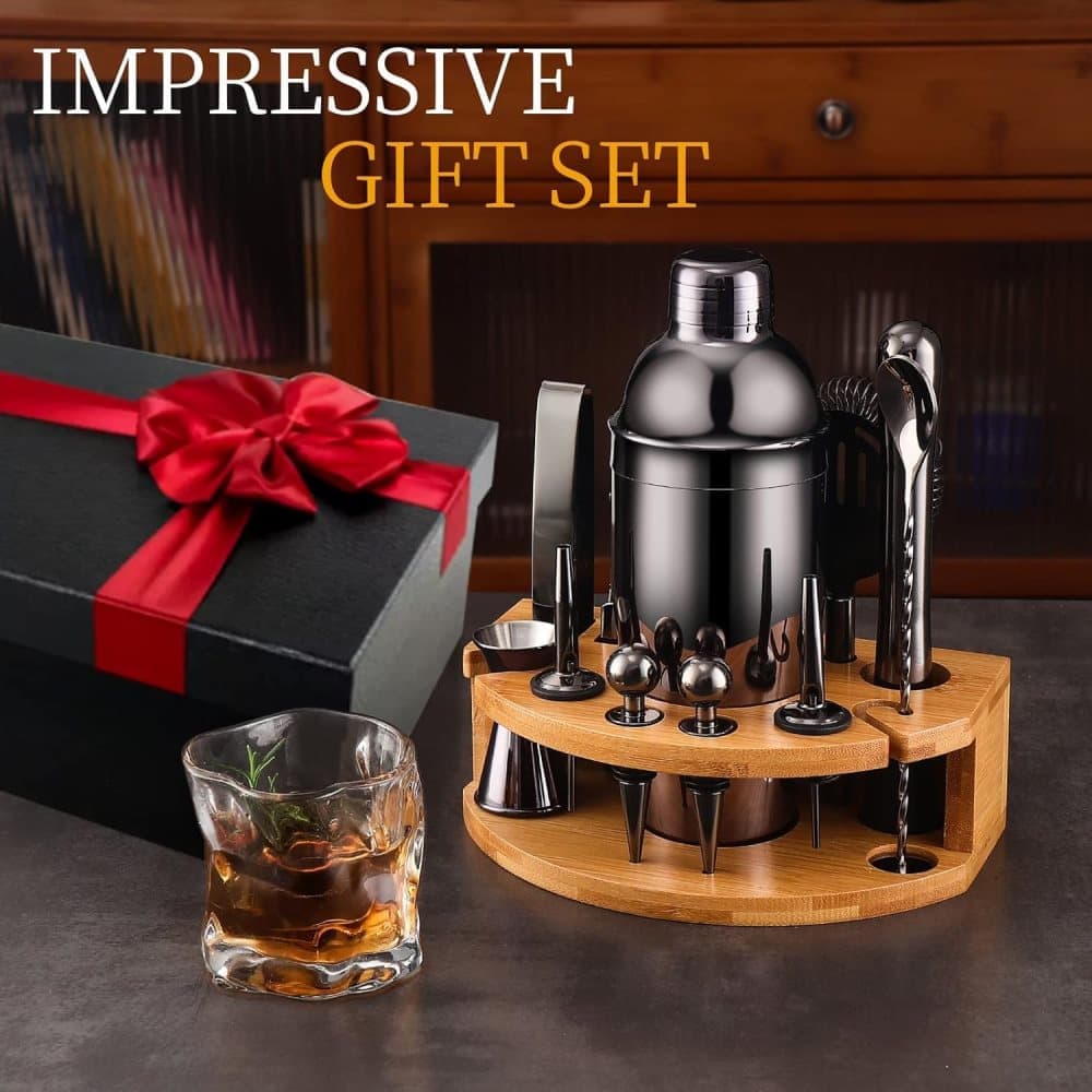 12-Piece Stainless Steel Cocktail Set with Bamboo Stand, Black, for Bar and Home Use, Perfect Gift - Image 6