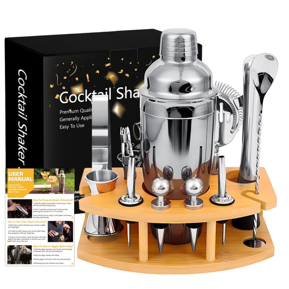 12-Piece Stainless Steel Cocktail Set with Bamboo Stand, Silver, Perfect Gift for Home Bar - Image 1