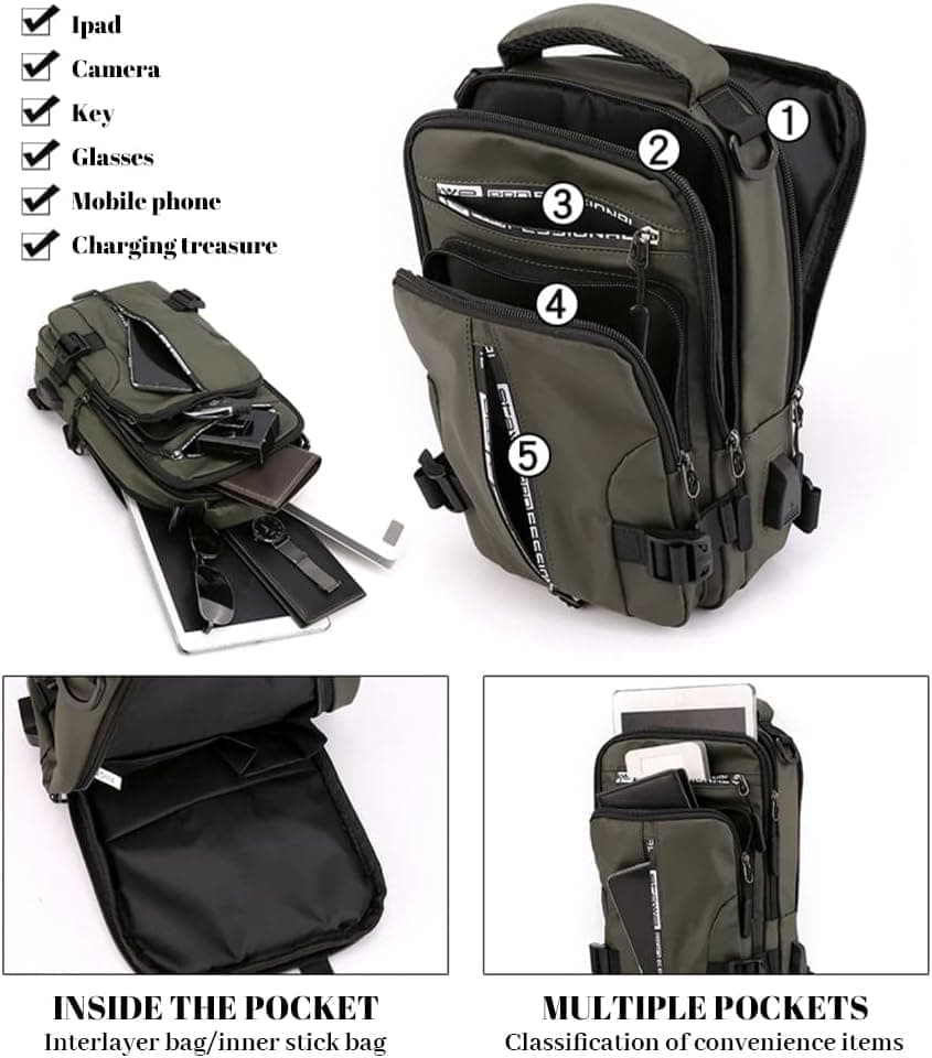 Men's Water Resistant Shoulder Bag with USB Charging Port, Cross Body Bag for Men and Women, Green - Image 5