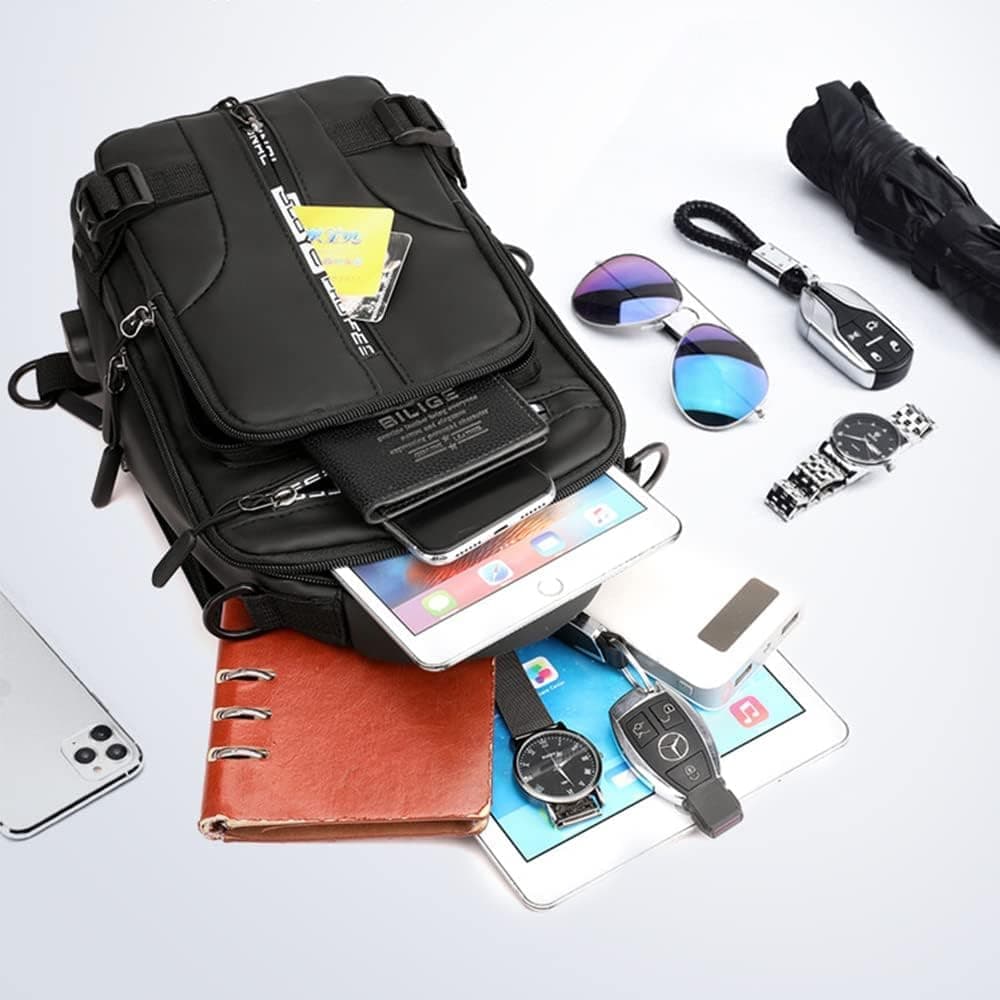Multifunctional Water Resistant Shoulder Bag with USB Charging Port for Men and Women, Light Brown - Image 8