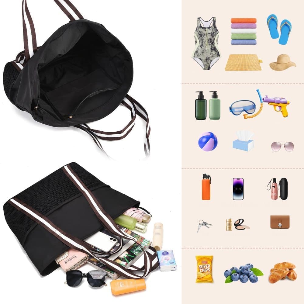 Waterproof Beach Bag for Women with Zipper, Sand-Resistant Design, Shoulder Strap, Perfect for Beach and Travel, Black - Image 6