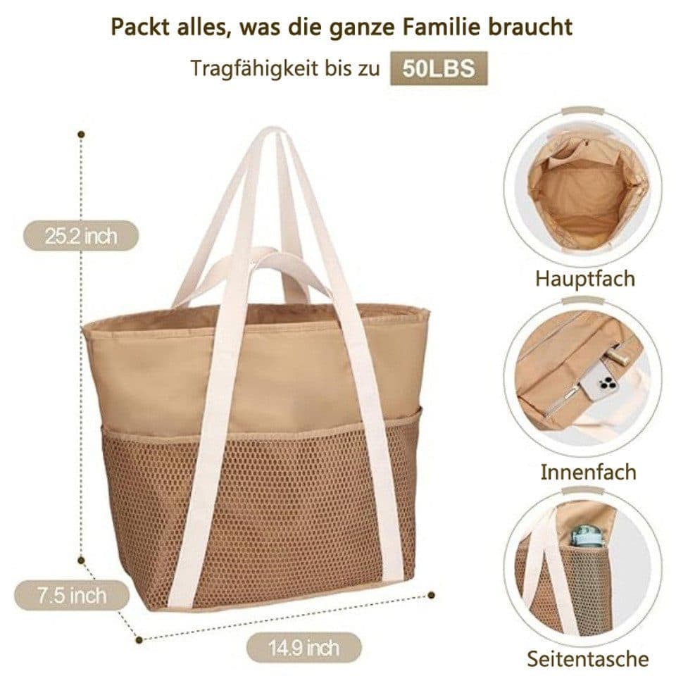 Waterproof Beach Bag for Women with Zipper Sand-Resistant Design Shoulder Strap, Beige - Image 2