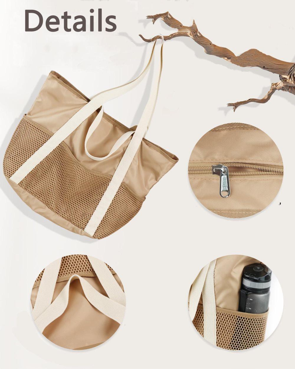Waterproof Beach Bag for Women with Zipper Sand-Resistant Design Shoulder Strap, Beige - Image 4