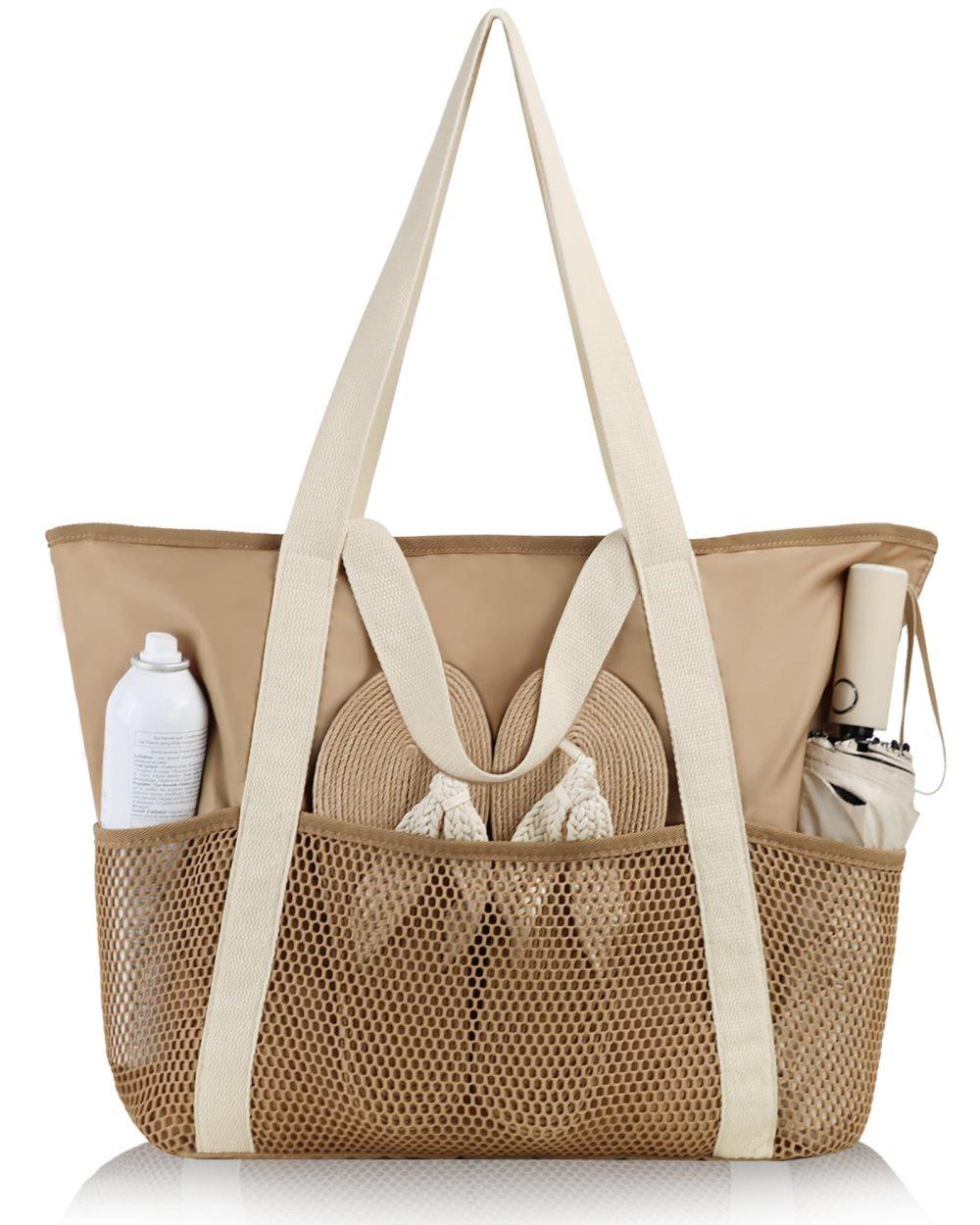 Waterproof Beach Bag for Women with Zipper Sand-Resistant Design Shoulder Strap, Perfect for Beach and Travel, Brown - Image 1