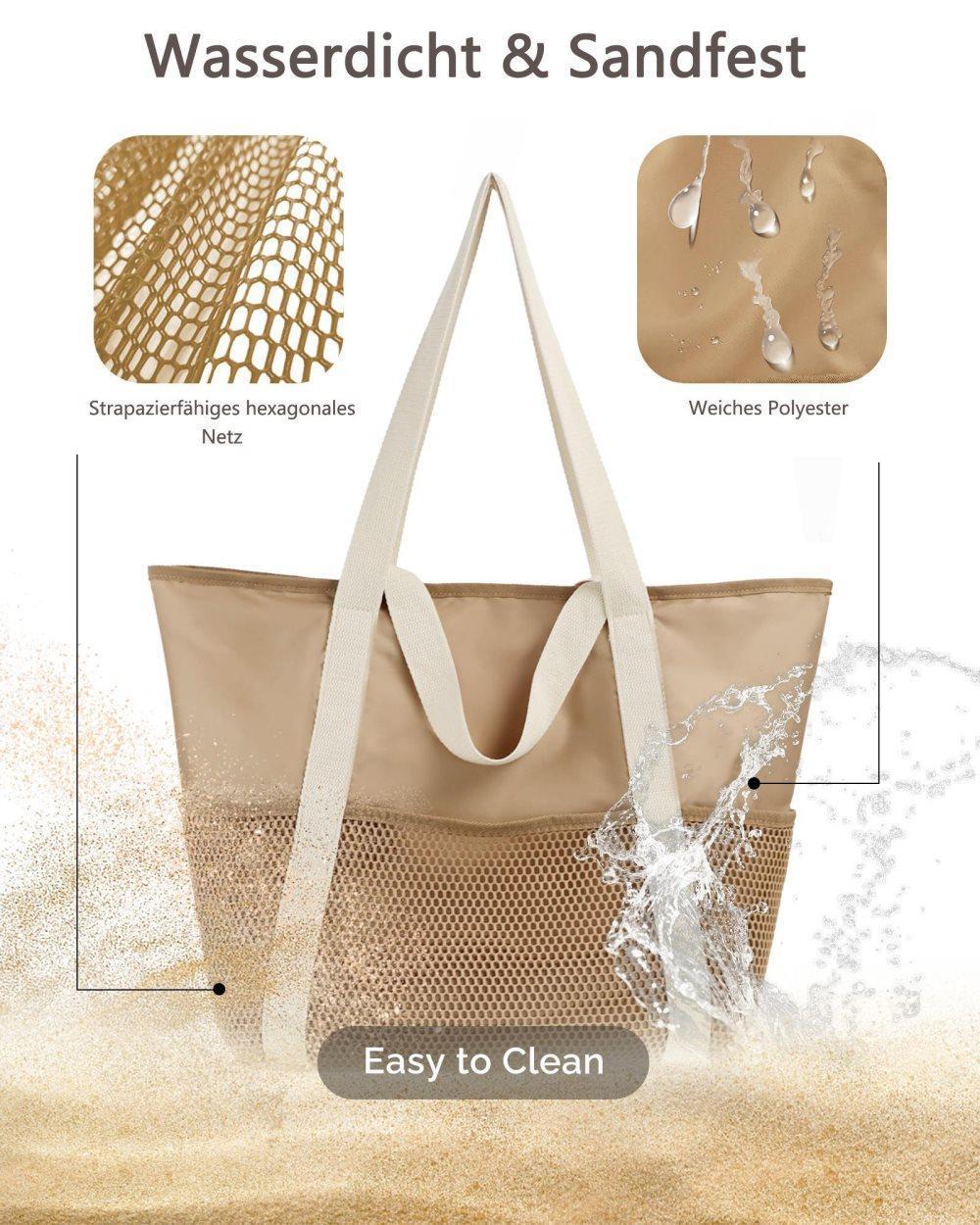 Waterproof Beach Bag for Women with Zipper Sand-Resistant Design Shoulder Strap, Perfect for Beach and Travel, Brown - Image 3