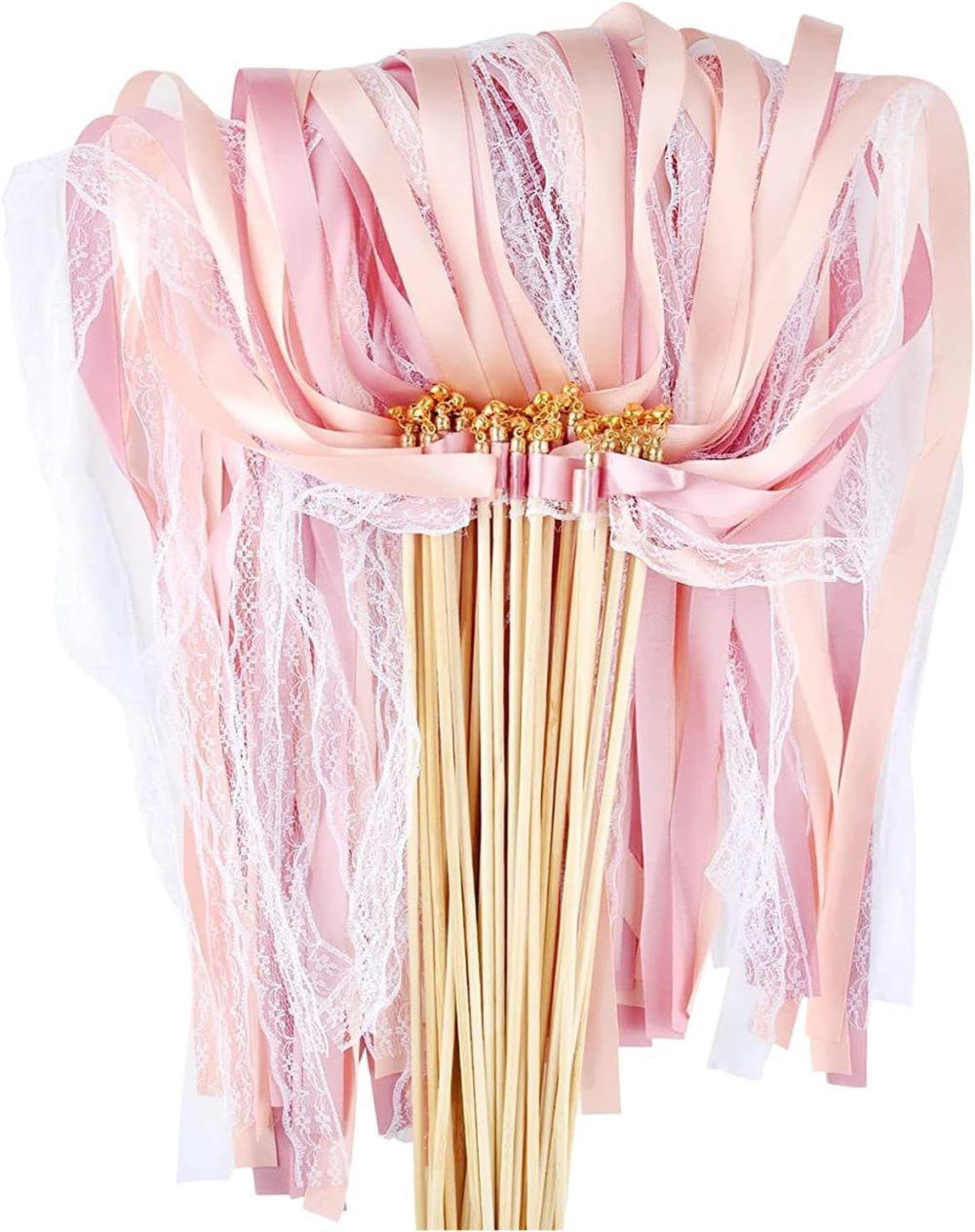 30 Pack Pink Satin & Lace Ribbon Wands for Wedding Party Decor, 30cm - Image 1