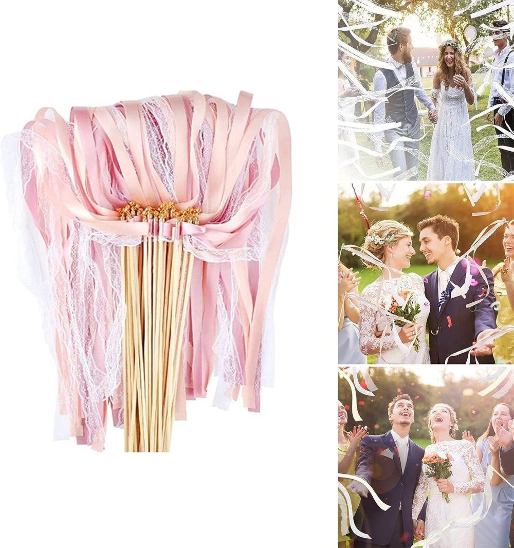 30 Pack Pink Satin & Lace Ribbon Wands for Wedding Party Decor, 30cm - Image 4