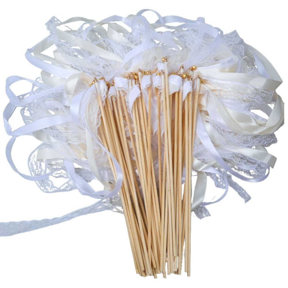 30 Pack Satin & Lace Ribbon Wands with Bells for Wedding & Party Decor, 30cm Beige - Image 1