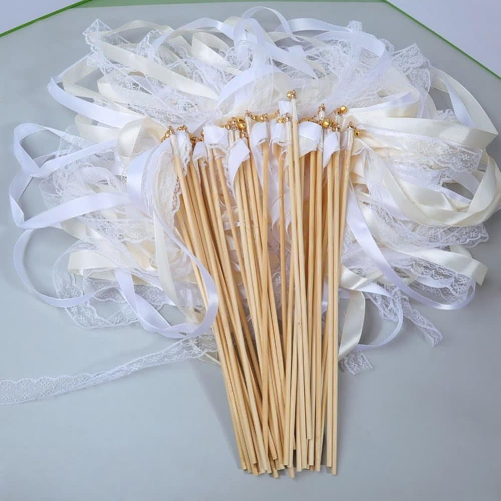 30 Pack Satin & Lace Ribbon Wands with Bells for Wedding & Party Decor, 30cm Beige - Image 2