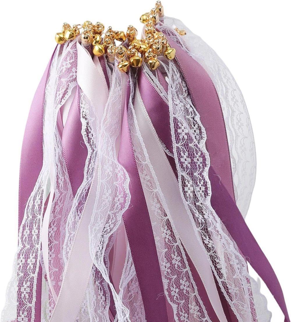 30 Pack Purple Satin & Lace Ribbon Wands with Bells for Wedding & Party Decor, 30cm - Image 1