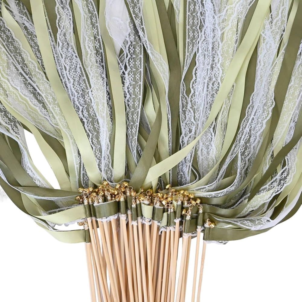 30 Pack Green Satin & Lace Ribbon Wands for Wedding Party Decor, 30cm - Image 1