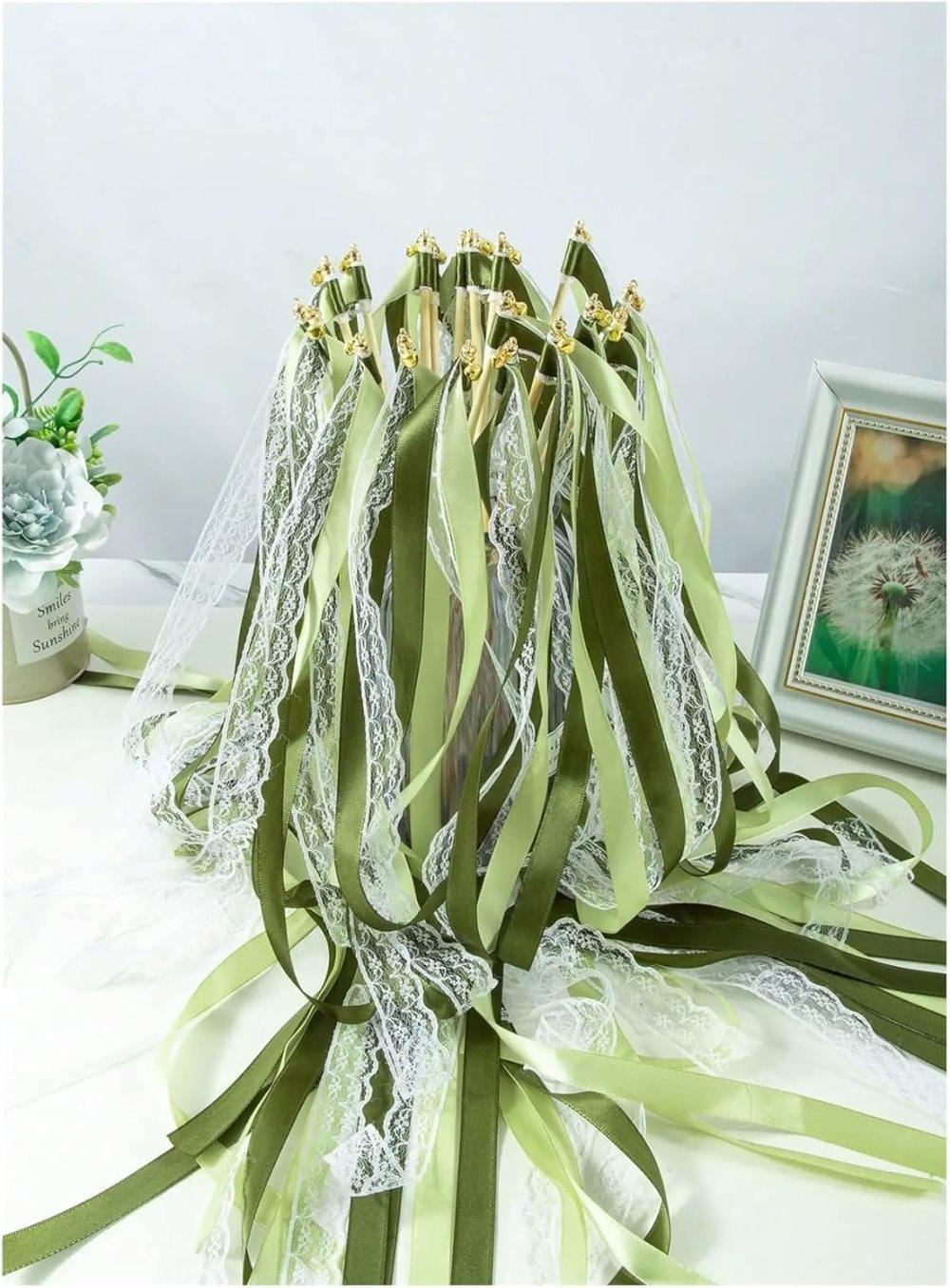 30 Pack Green Satin & Lace Ribbon Wands for Wedding Party Decor, 30cm - Image 3