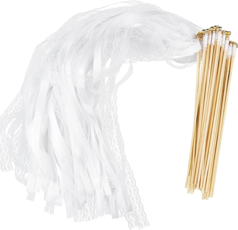 30 Pack White Satin & Lace Ribbon Wands for Wedding & Party Decor, 30cm - Image 1