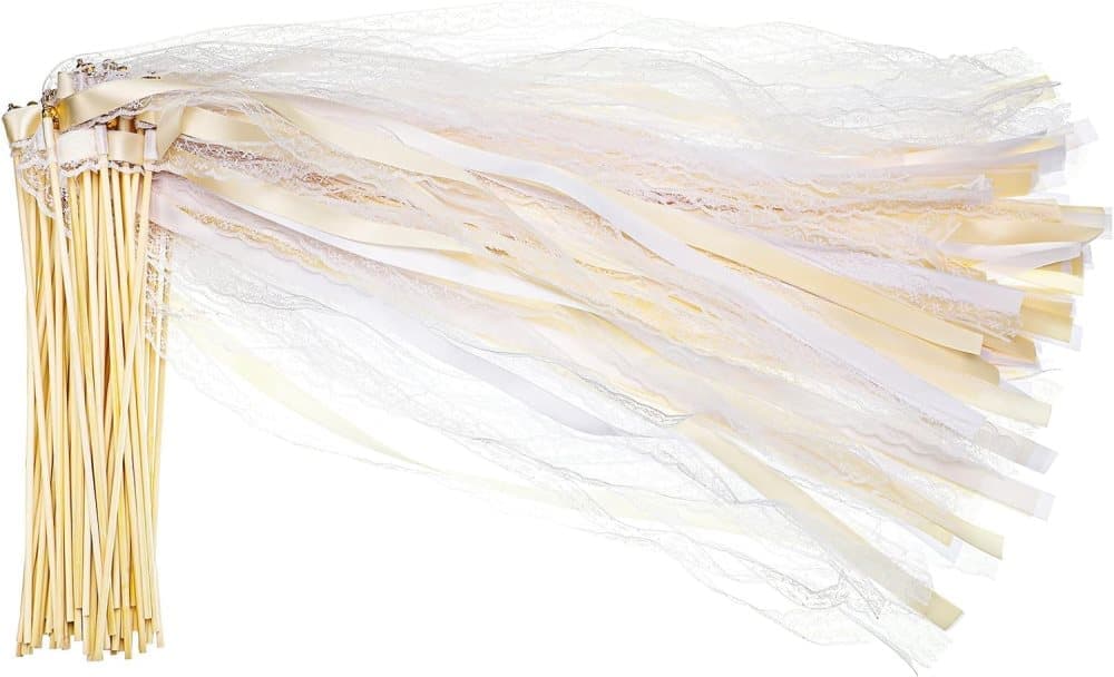 30 Pack Wedding & Party Decor Satin & Lace Ribbon Wands with Bells, 30cm Light Orange - Image 1