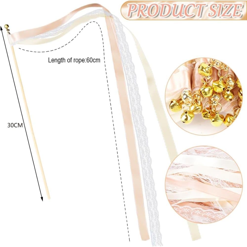 30 Pack Wedding & Party Decor Satin & Lace Ribbon Wands with Bells, 30cm Light Orange - Image 2