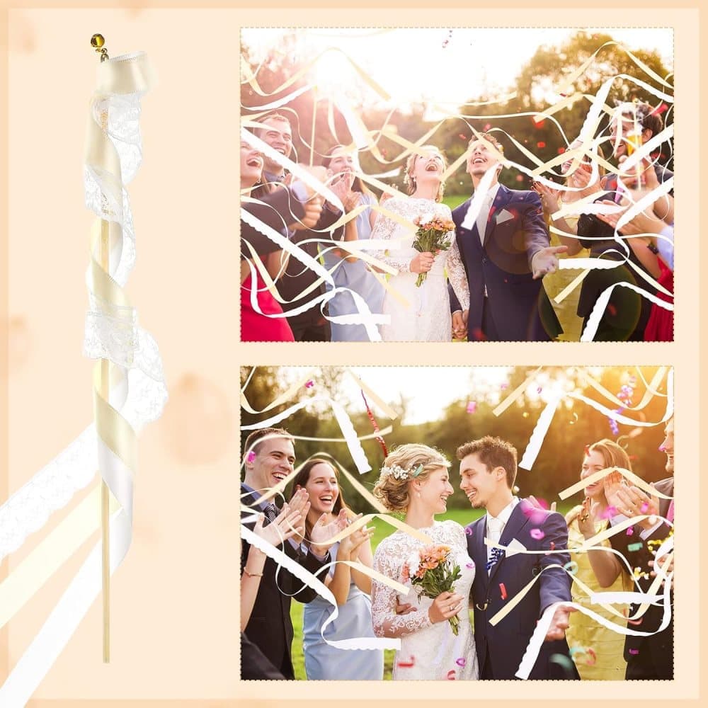 30 Pack Wedding & Party Decor Satin & Lace Ribbon Wands with Bells, 30cm Light Orange - Image 4