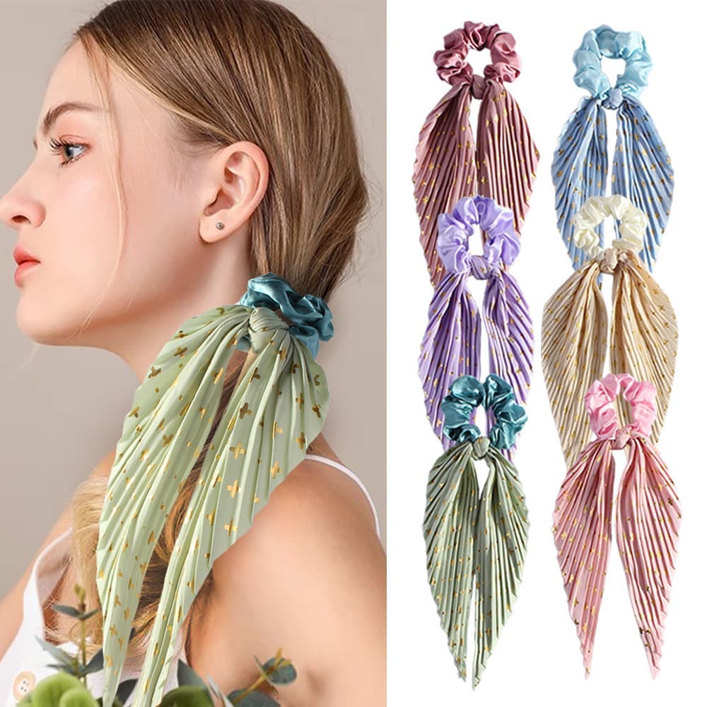 Colorful Satin Hair Ties with Bow 6-Pack, Scrunchies Hair Bands for Women, Compatible with Weddings Parties Work School Yoga - Image 1