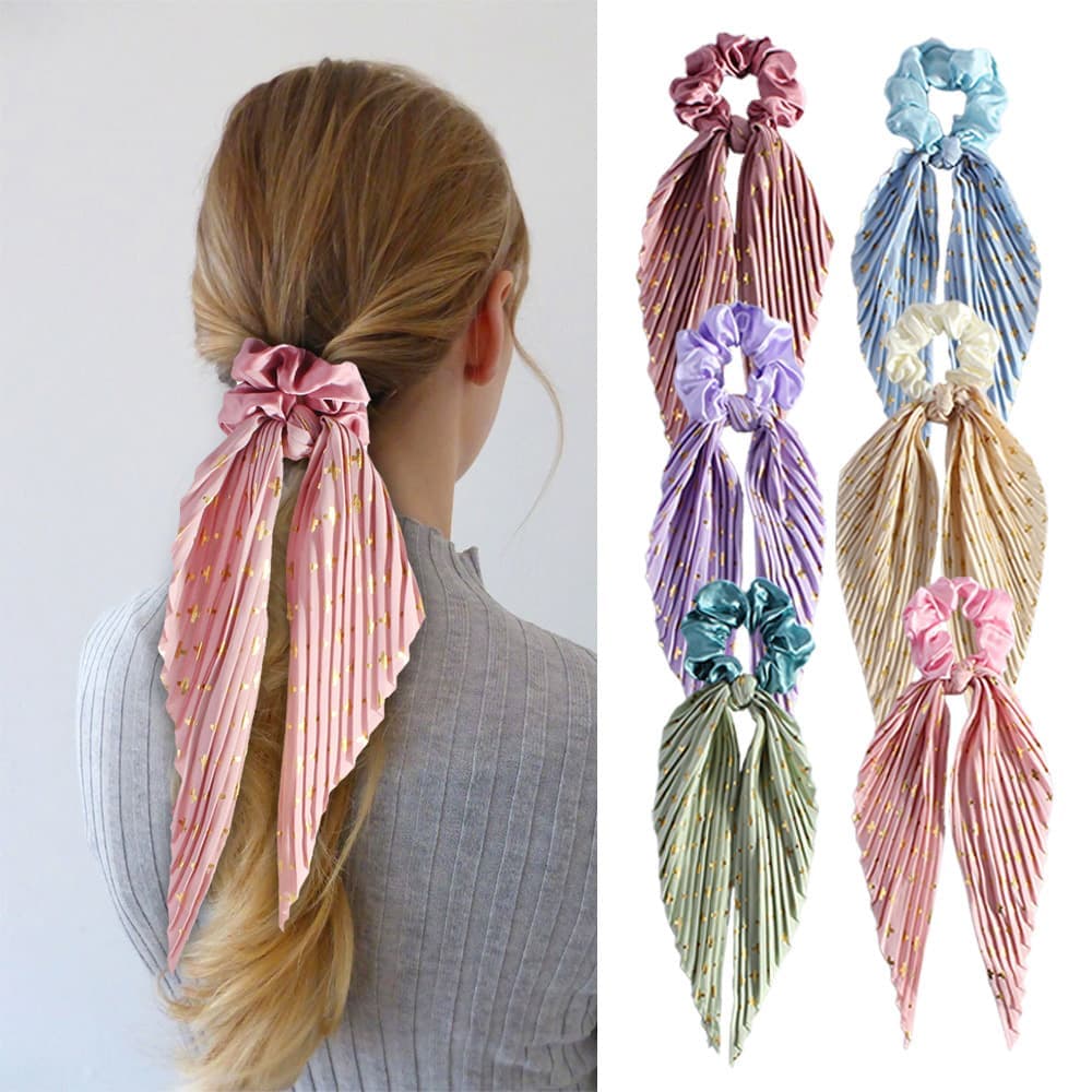 Colorful Satin Hair Ties with Bow 6-Pack, Scrunchies Hair Bands for Women, Compatible with Weddings Parties Work School Yoga - Image 2