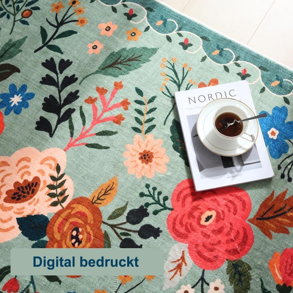 Non-slip Bohemian Floral Doormat Absorbent Dirt-Resistant Machine Washable for Bathroom Hallway and Kitchen, 60x90cm, Green - Image 7