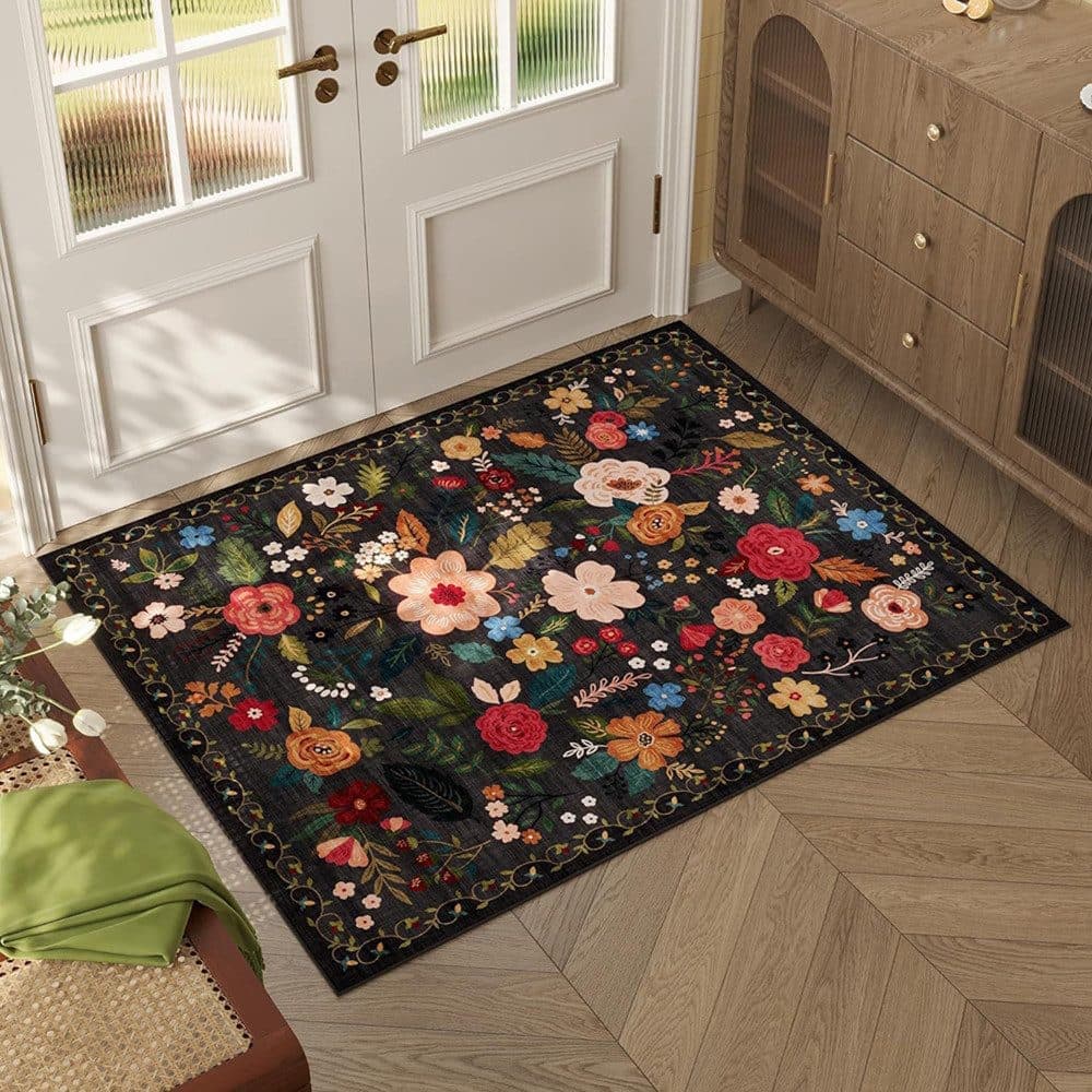 Bohemian Floral Doormat Non-slip Absorbent Dirt-Resistant Machine Washable for Bathroom Hallway and Kitchen, 60x90cm, Black - Image 2