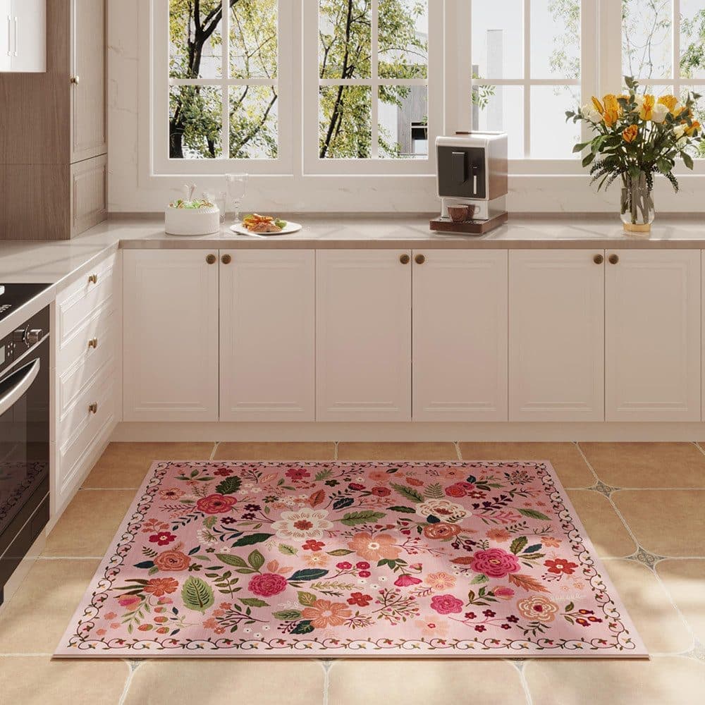 Bohemian Floral Doormat Non-slip Absorbent Dirt-Resistant Machine Washable for Bathroom Hallway and Kitchen, 60x90cm, Pink - Image 6