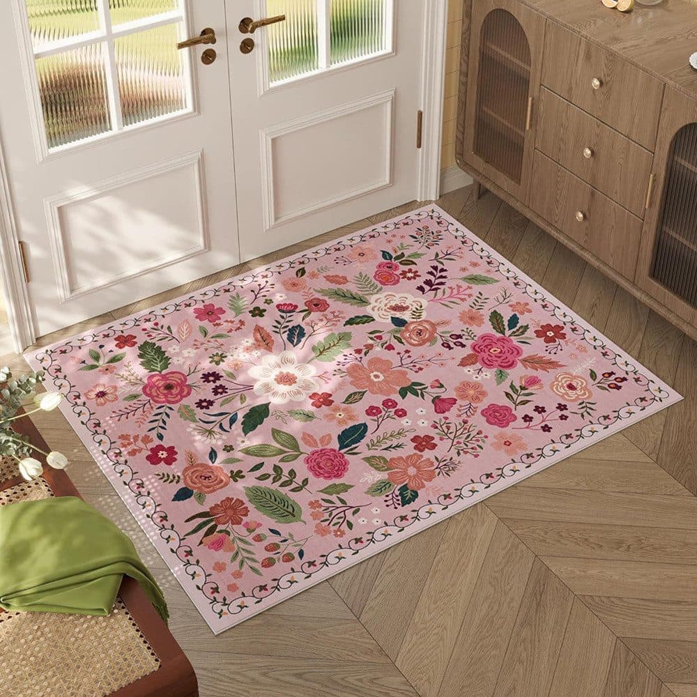 Non-Slip Bohemian Floral Doormat Absorbent Dirt-Resistant Machine Washable for Bathroom Hallway and Kitchen, 40x60cm, Pink - Image 2