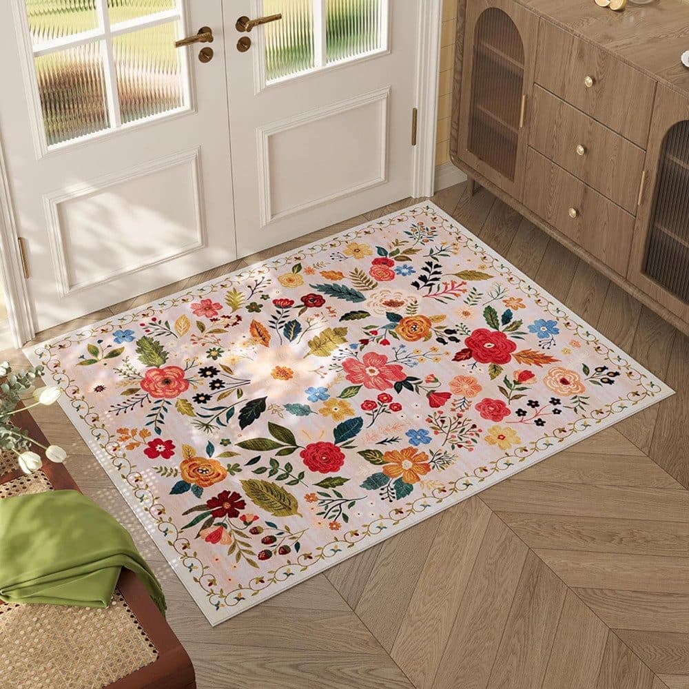 Bohemian Floral Doormat Non-slip Absorbent Dirt-Resistant Machine Washable for Bathroom Hallway and Kitchen, 50x80cm, Beige - Image 2