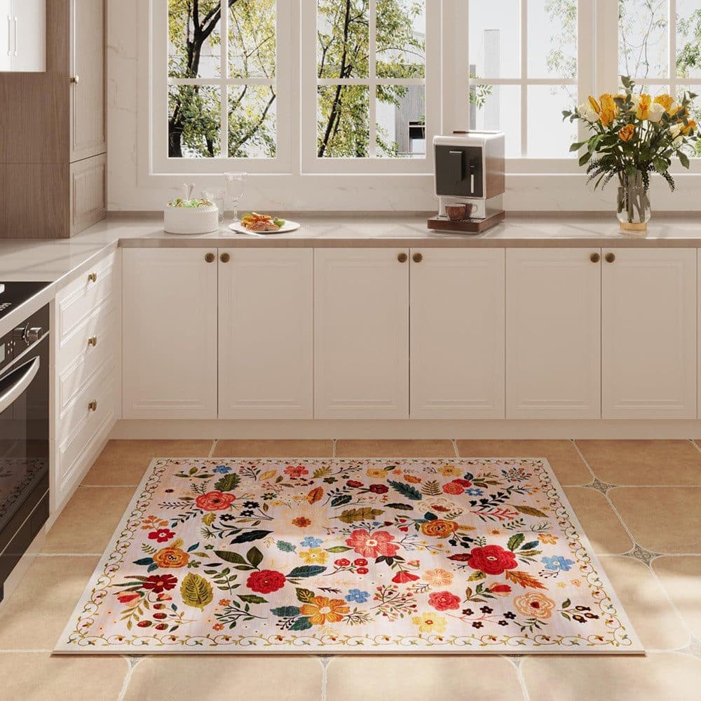 Bohemian Floral Doormat Non-slip Absorbent Dirt-Resistant Machine Washable for Bathroom Hallway and Kitchen, 50x80cm, Beige - Image 6