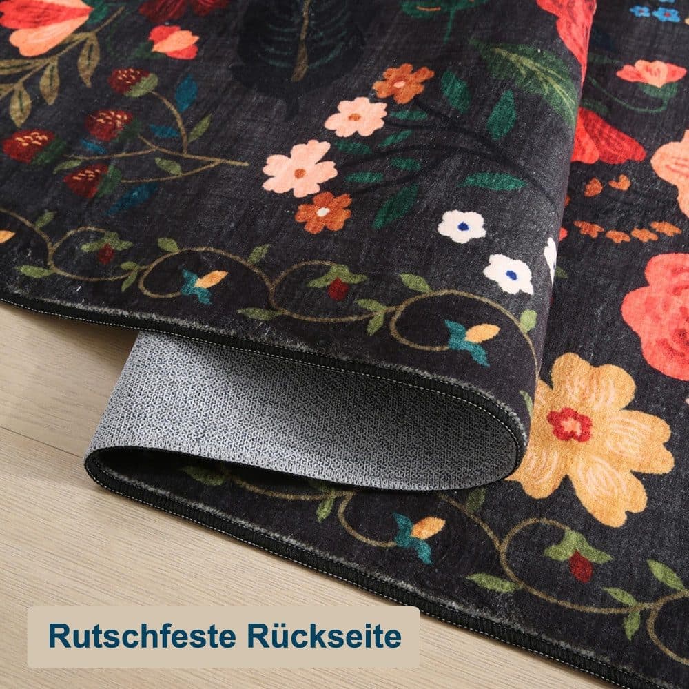 Bohemian Floral Doormat Non-slip Absorbent Dirt-Resistant Machine Washable for Bathroom Hallway and Kitchen, 50x80cm, Black - Image 4