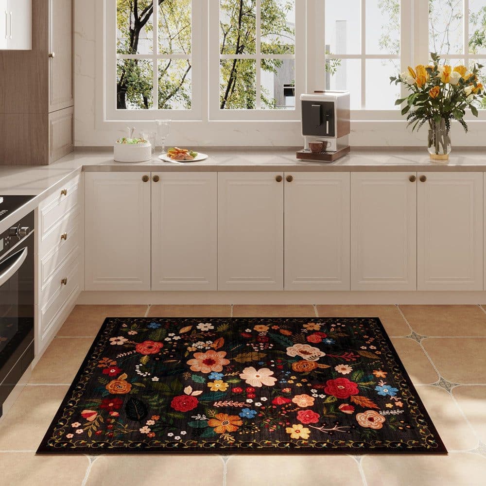 Bohemian Floral Doormat Non-slip Absorbent Dirt-Resistant Machine Washable for Bathroom Hallway and Kitchen, 50x80cm, Black - Image 5