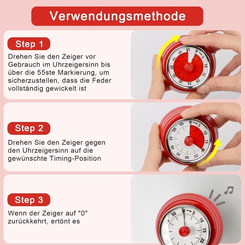 60 Minute Mechanical Kitchen Timer with Magnet in Stainless Steel, 3.6 x 7.3cm, Red - Image 2