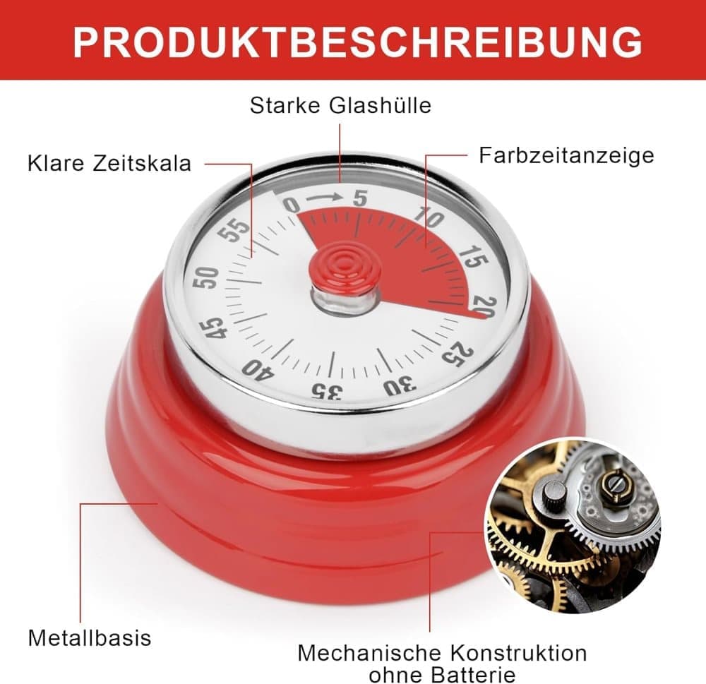 60 Minute Mechanical Kitchen Timer with Magnet in Stainless Steel, 3.6 x 7.3cm, Red - Image 4
