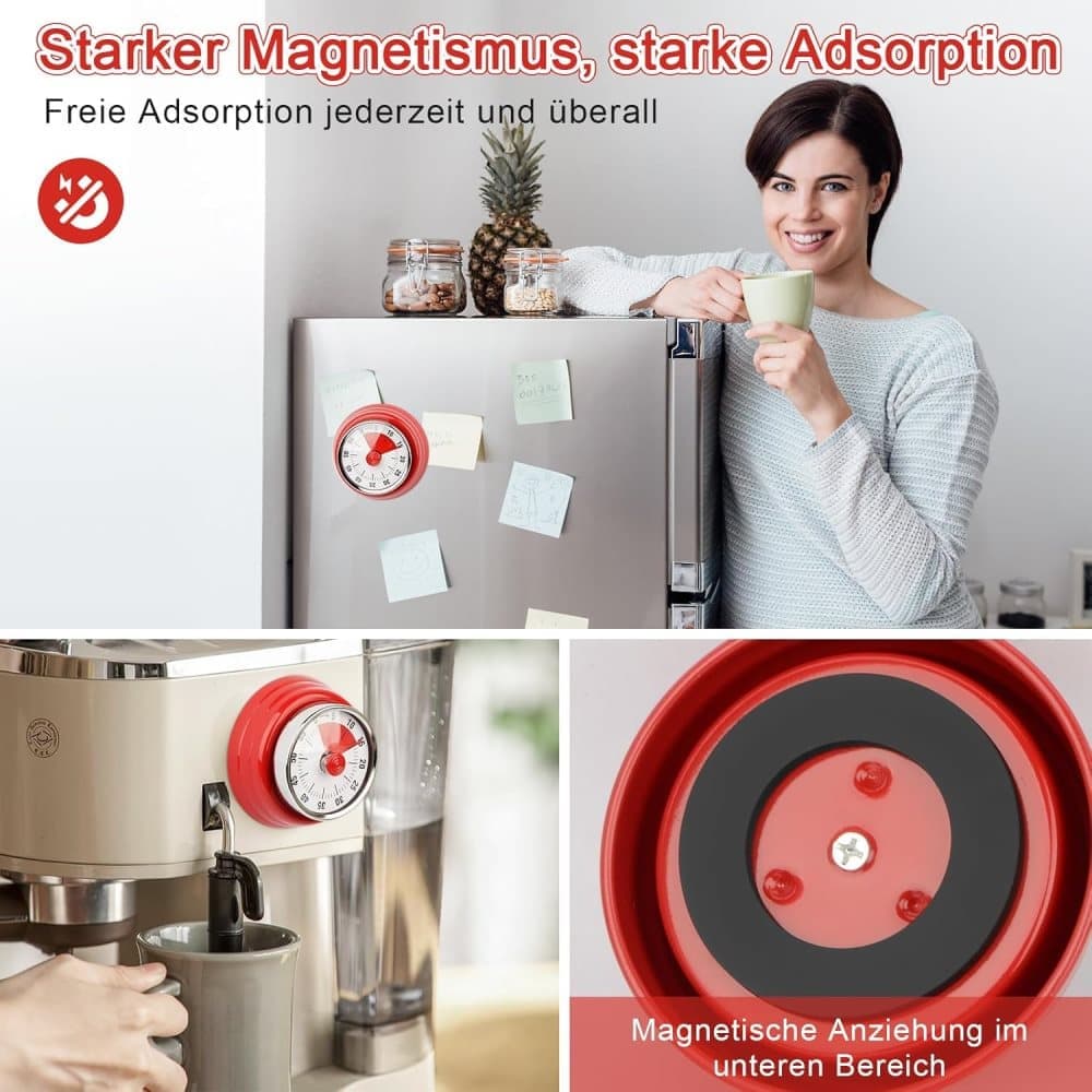 60 Minute Mechanical Kitchen Timer with Magnet in Stainless Steel, 3.6 x 7.3cm, Red - Image 6