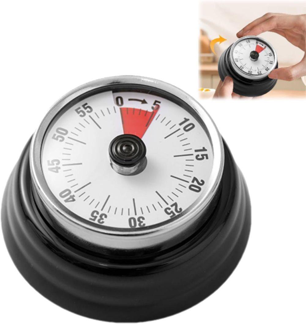 60 Minute Mechanical Kitchen Timer with Magnet, Stainless Steel Black, 3.6 x 7.3cm - Image 1
