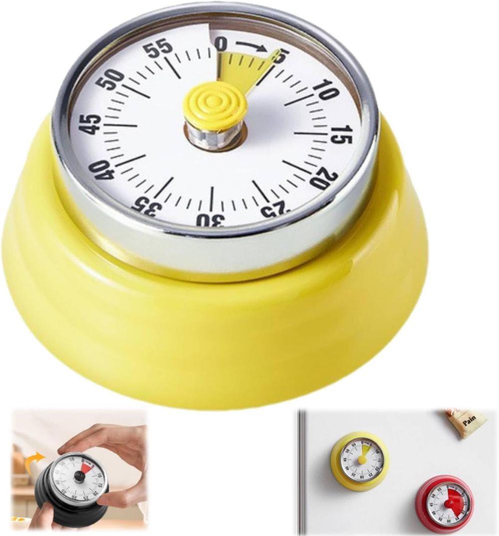 60 Minute Mechanical Kitchen Timer with Magnet, Stainless Steel Yellow, 3.6 x 7.3cm - Image 1