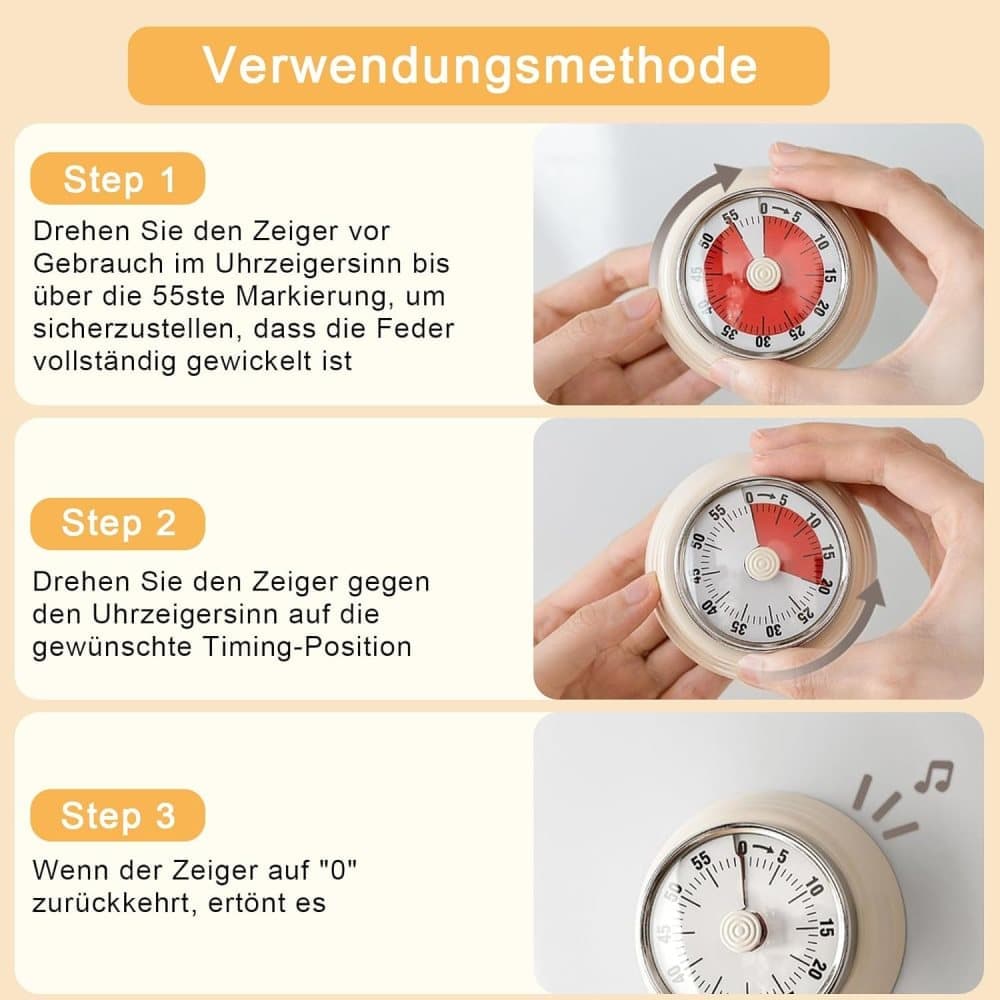 60 Minute Mechanical Kitchen Timer with Magnet, Stainless Steel Yellow, 3.6 x 7.3cm - Image 2