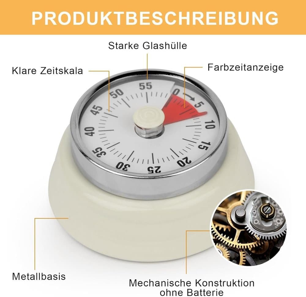 60 Minute Mechanical Kitchen Timer with Magnet, Stainless Steel Yellow, 3.6 x 7.3cm - Image 4