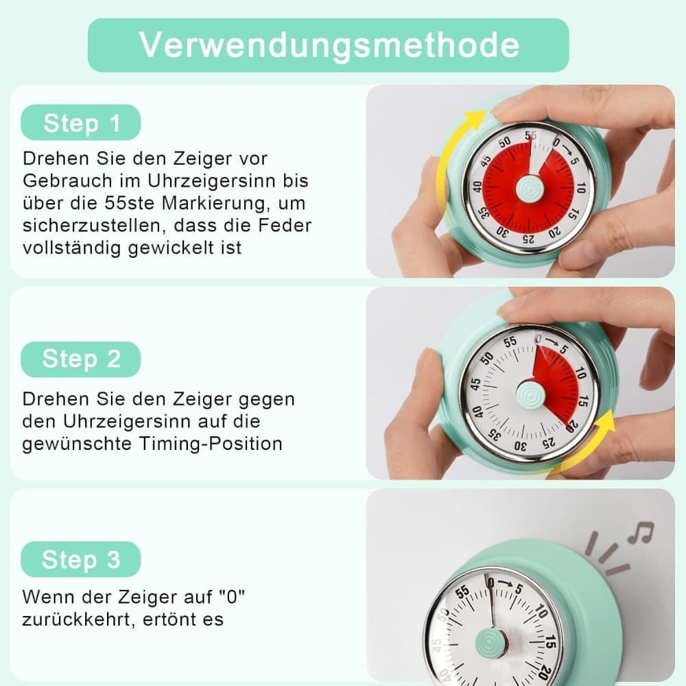 60 Minute Mechanical Kitchen Timer with Magnet, Stainless Steel, Green, 3.6 x 7.3cm - Image 2