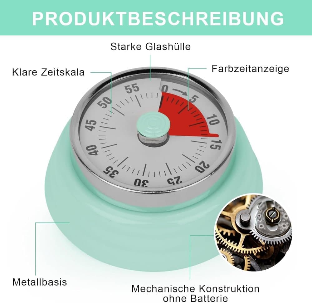 60 Minute Mechanical Kitchen Timer with Magnet, Stainless Steel, Green, 3.6 x 7.3cm - Image 4
