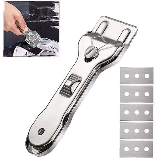Glass scraper with 5 replaceable blades for effective cleaning, compatible with glass hobs - Image 1