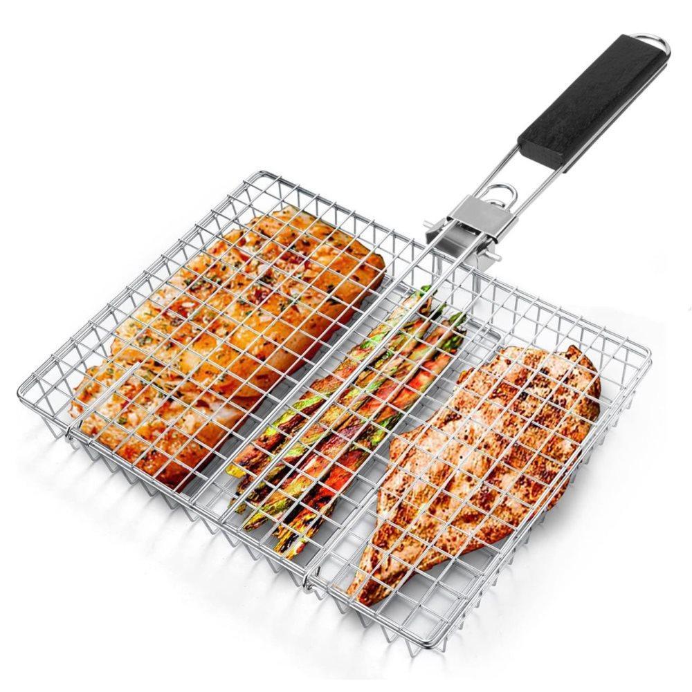 Foldable Grill Basket Stainless Steel for Fish Vegetables and Meat, Compatible with Camping and Outdoors, 46.5x32 cm - Image 1