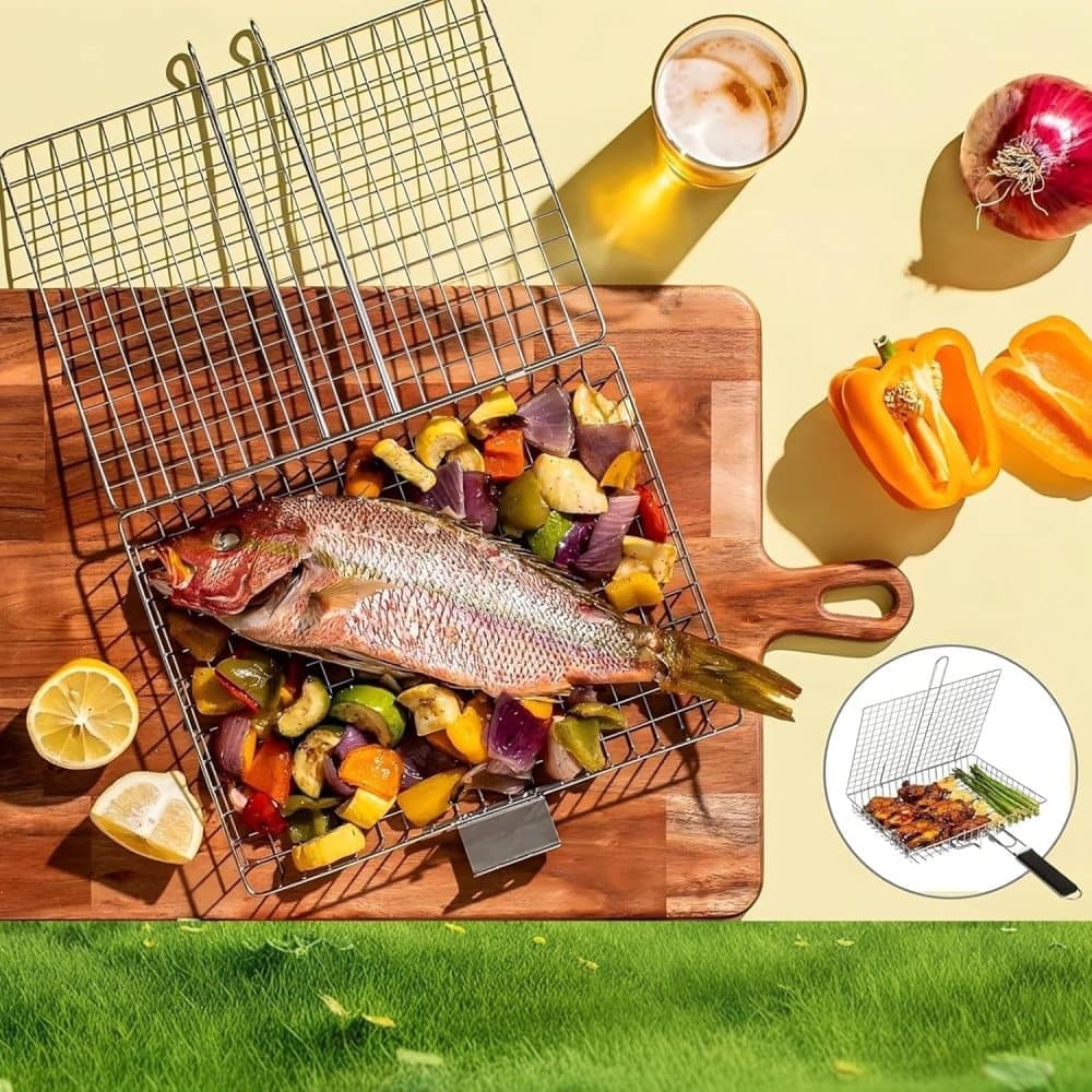 Foldable Grill Basket Stainless Steel for Fish Vegetables and Meat, Compatible with Camping and Outdoors, 46.5x32 cm - Image 2