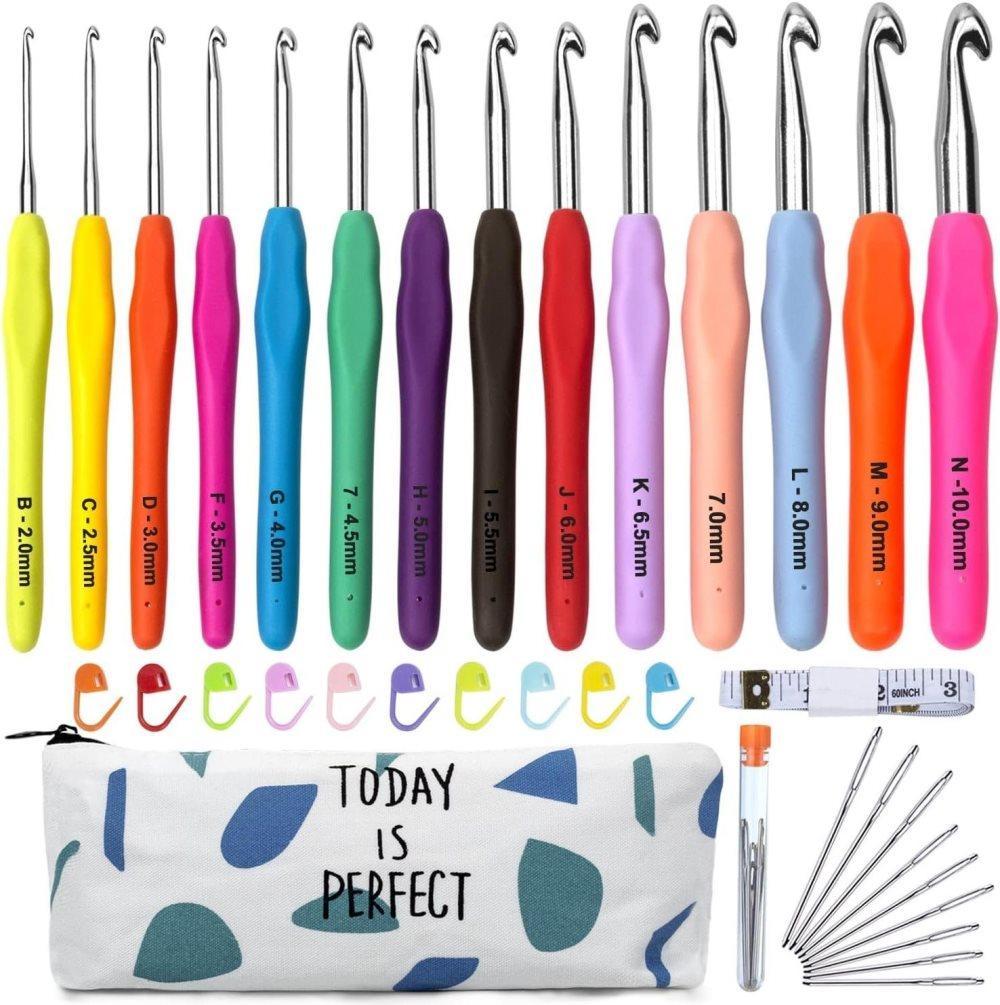 36-Piece Knitting Kit with Crochet Hooks, Markers, Measuring Tape, Ergonomic Soft Rubber Handles, Colorful, with Case - Image 1