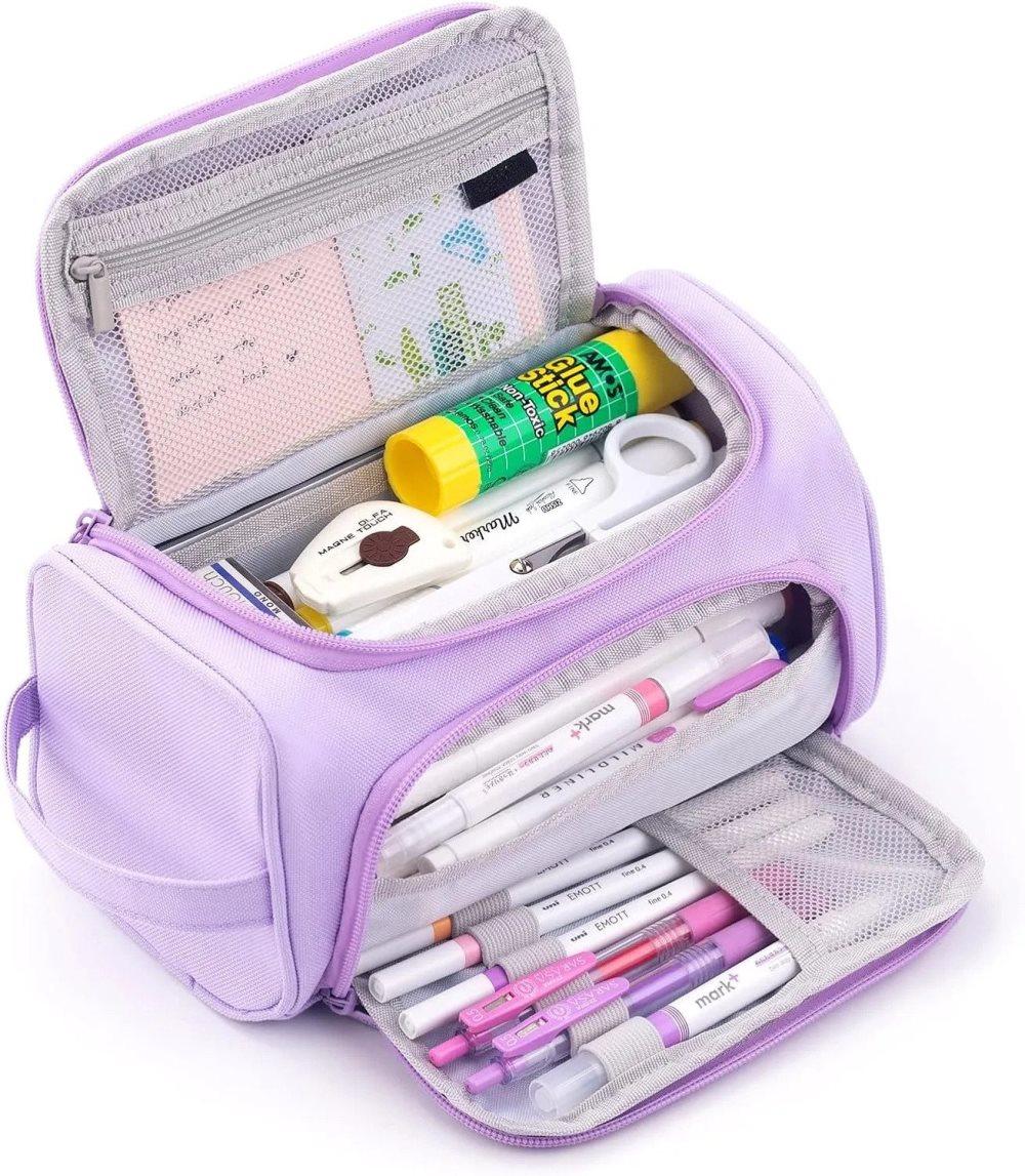 3-Layer School Pencil Case Multifunctional Spacious Pencil Bag for Pens and Stationery, Light Purple - Image 1