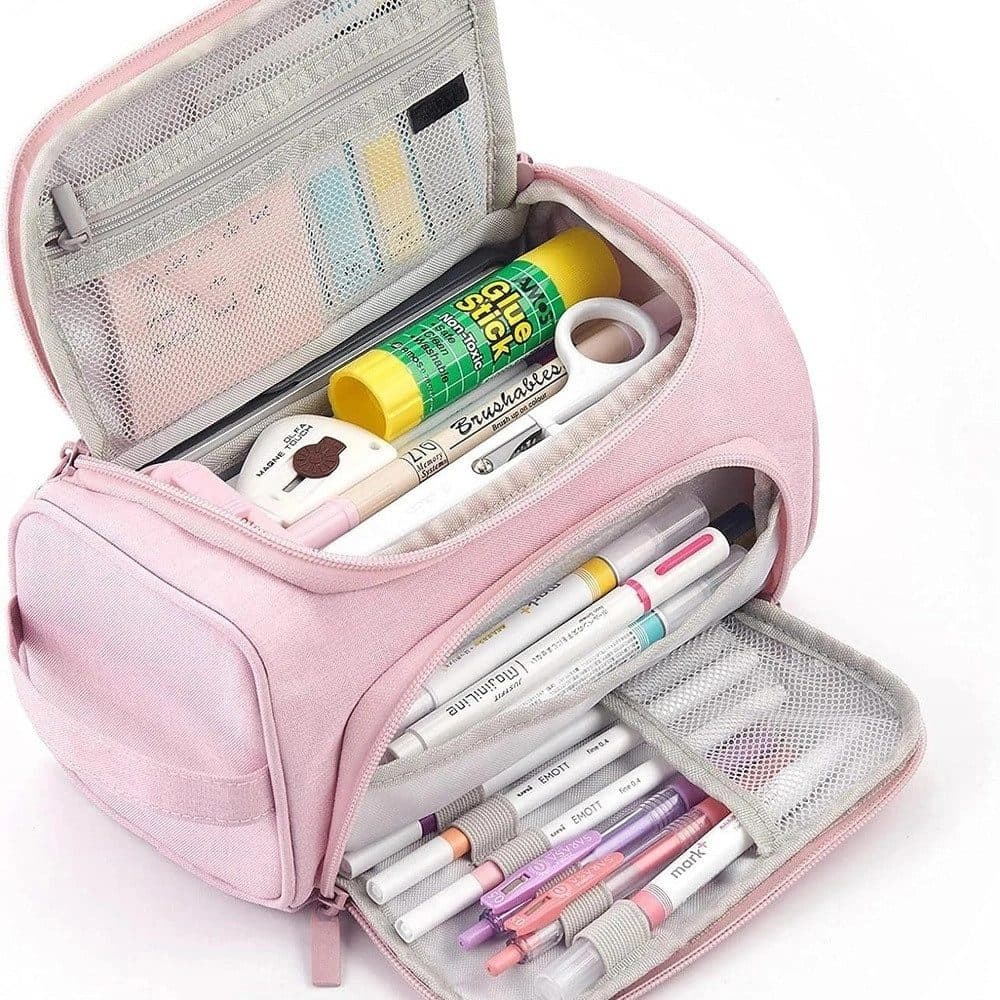3 Layer School Pencil Case Pink, Multifunctional Spacious Pencil Bag for Pens and Stationery - Image 1