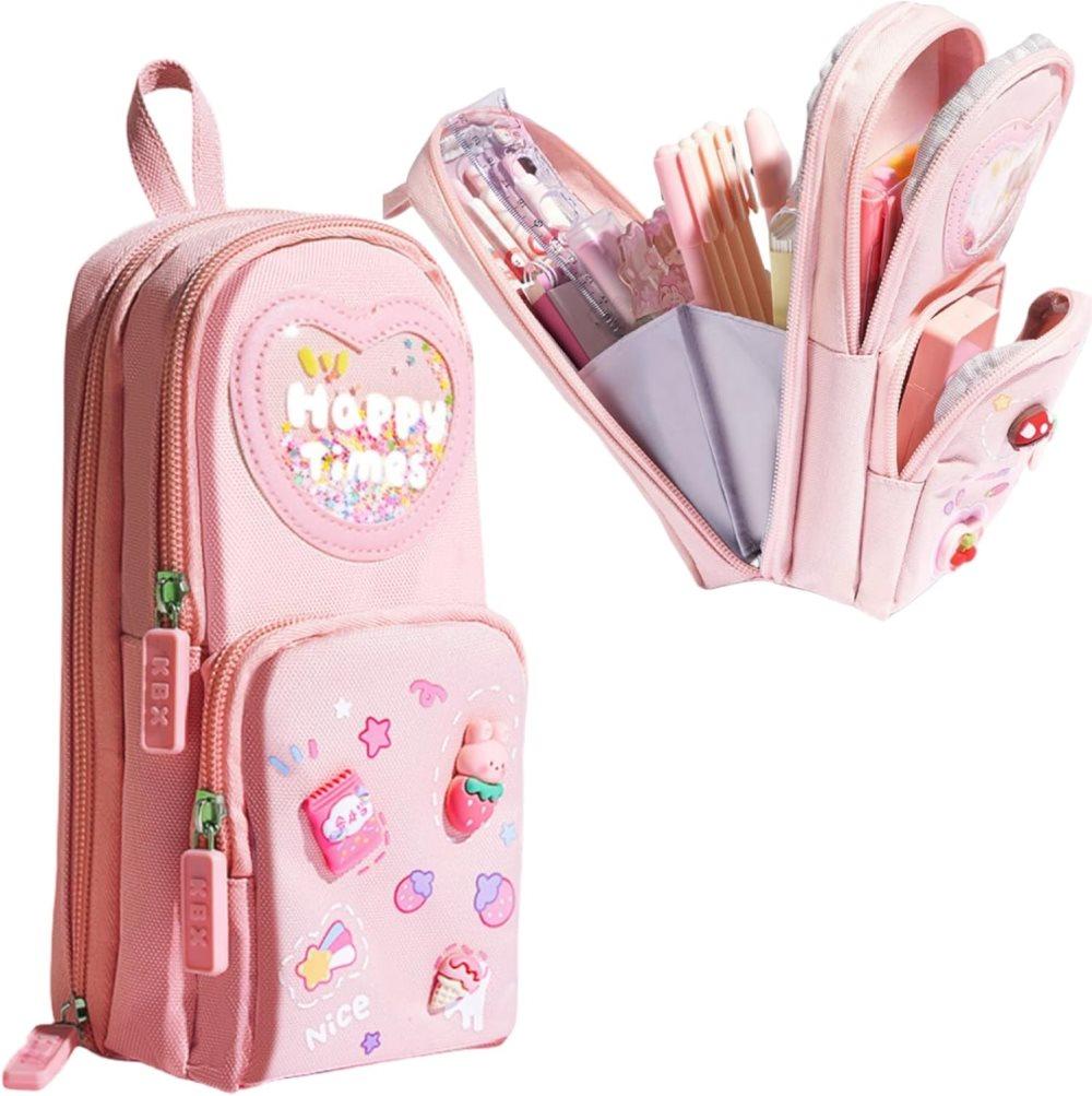 3 Compartments Cute Pencil Case Large Capacity Multifunctional Pencil Bag, Pink - Image 1