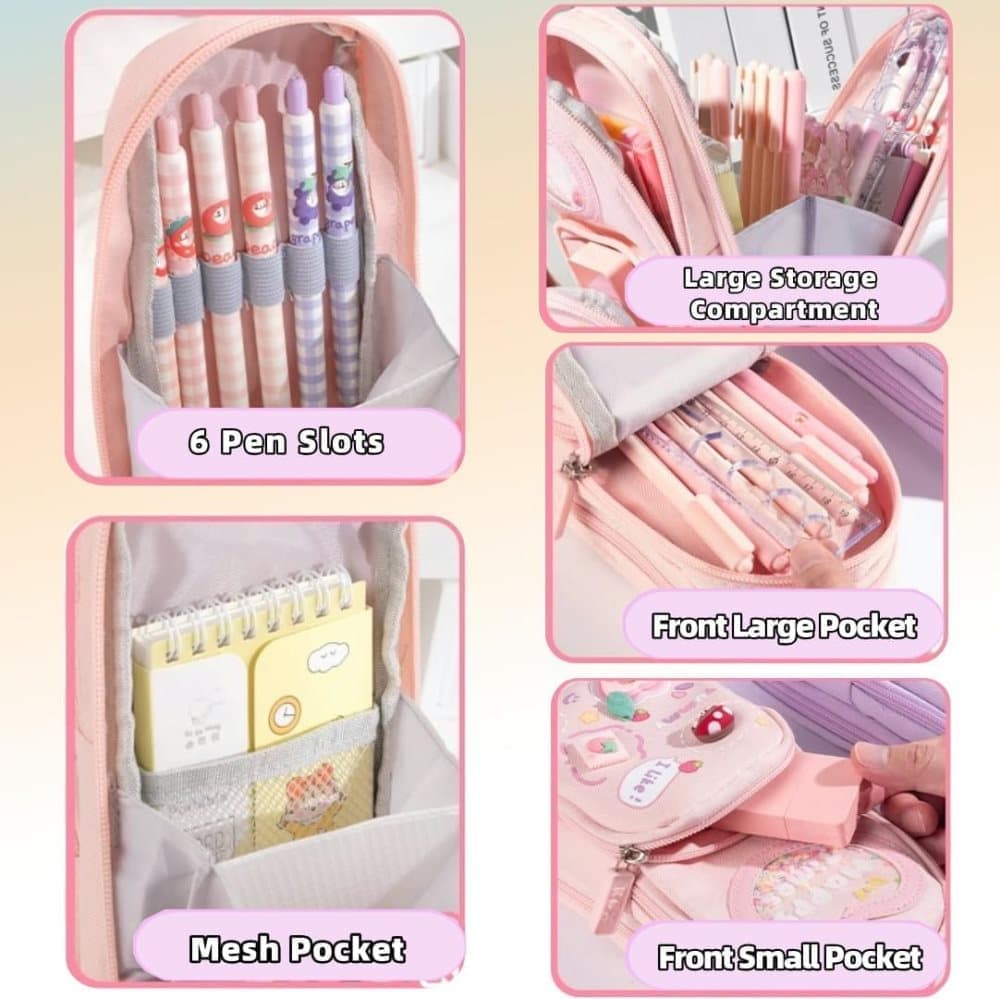 3 Compartments Cute Pencil Case Large Capacity Multifunctional Pencil Bag, Pink - Image 2
