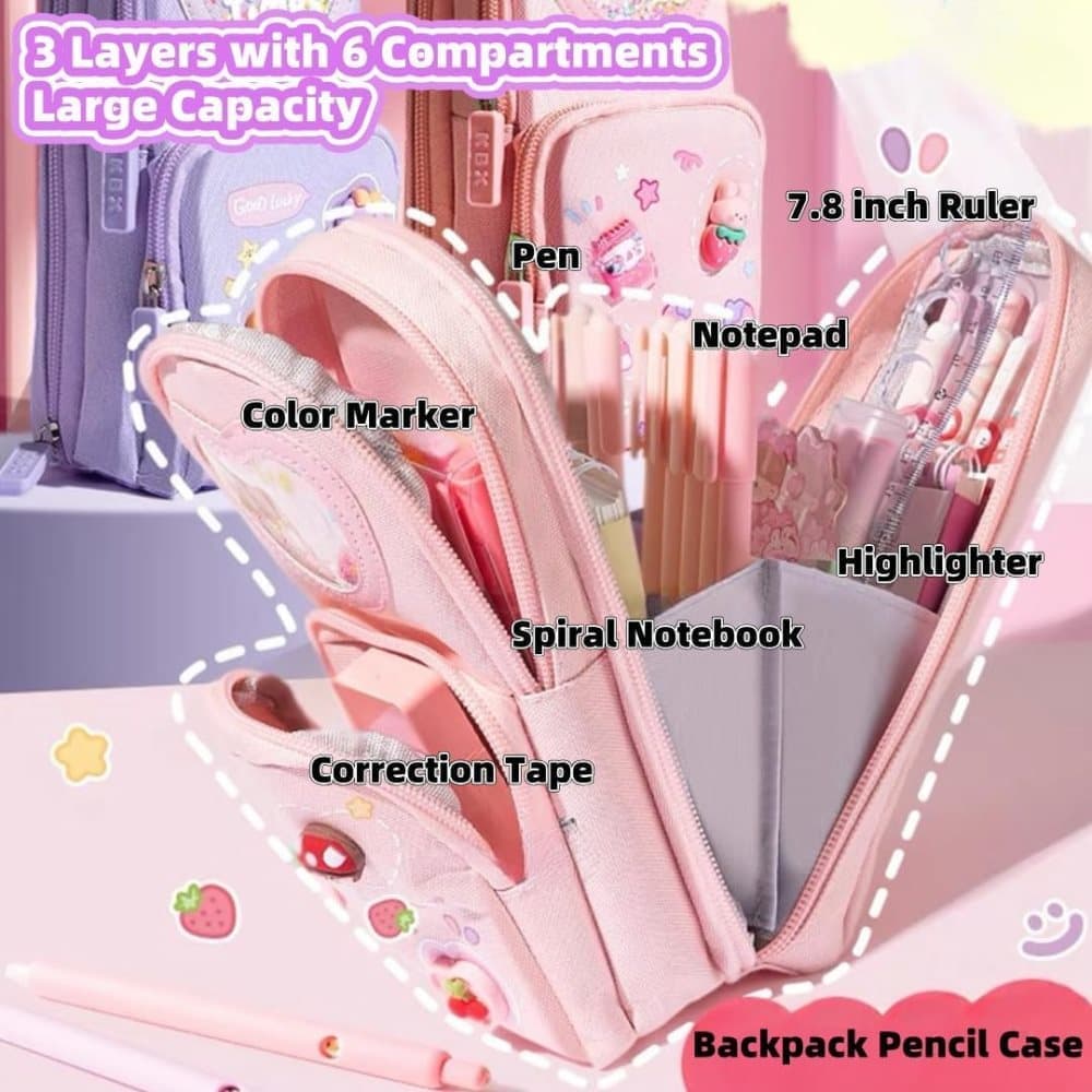 3 Compartments Cute Pencil Case Large Capacity Multifunctional Pencil Bag, Pink - Image 3