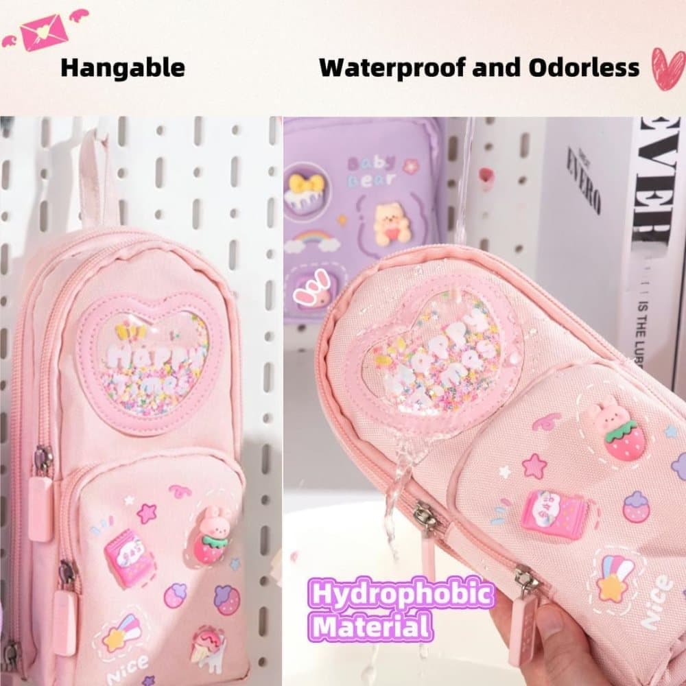 3 Compartments Cute Pencil Case Large Capacity Multifunctional Pencil Bag, Pink - Image 4